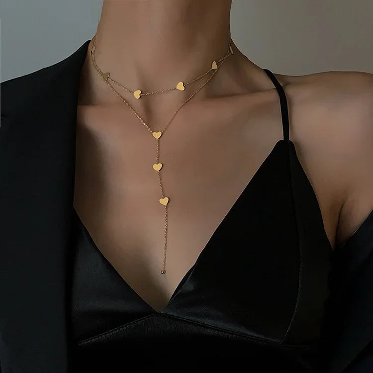 Double Layer Heart Clavicle Chain Stainless Steel Necklace for Women Punk Hip-Hop Streetwear Tassels Jewelry