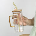 Household Ins High-Value Straw Water Bottle Female High Temperature Resistant Heatable Square Glass Cup With Handle