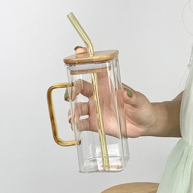 Household Ins High-Value Straw Water Bottle Female High Temperature Resistant Heatable Square Glass Cup With Handle