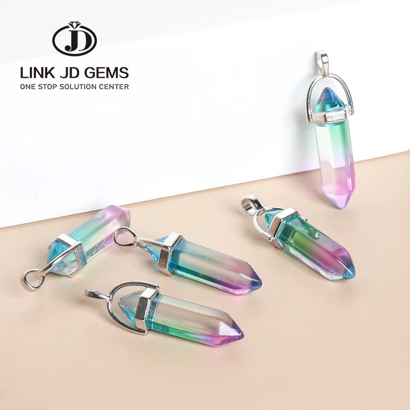Classic Design Natural Gemstone Bead Healing Point White Glass Hexagonal Column Pendant Stone Necklace Pendant