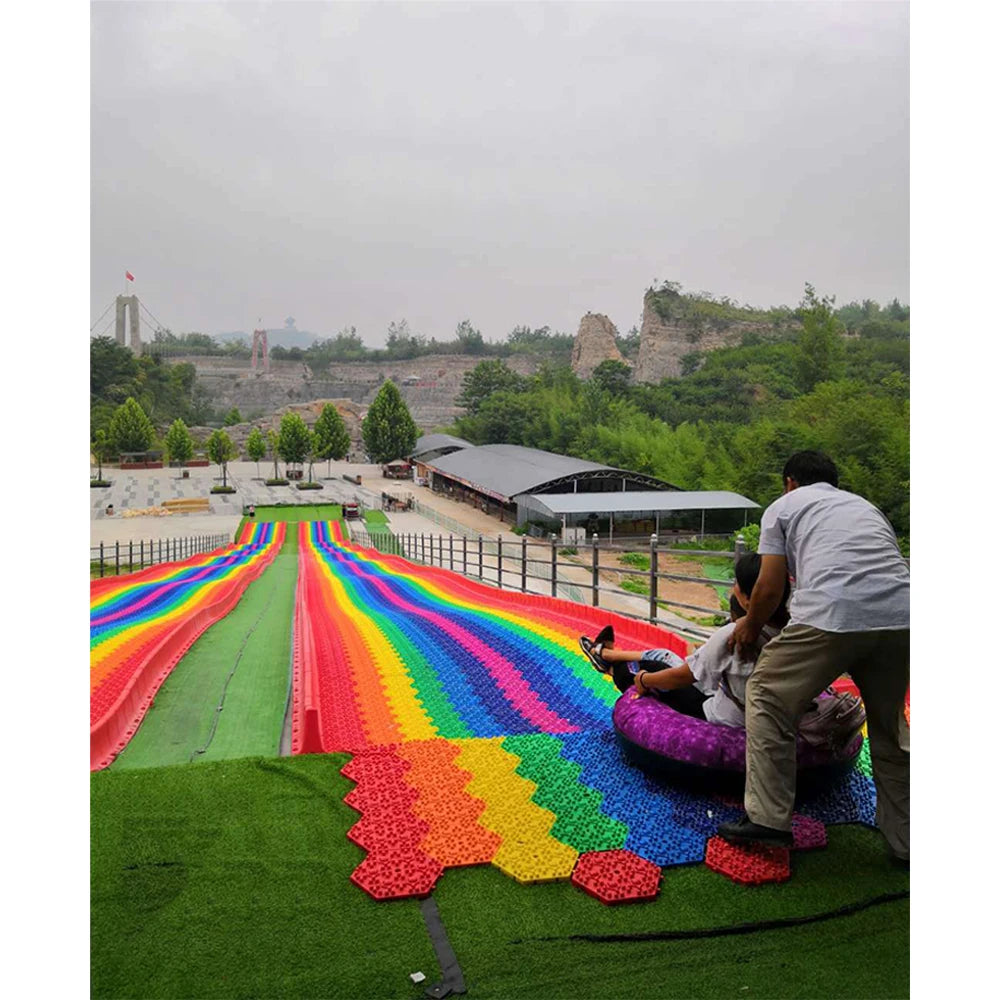 HANLIN Customized Outdoor Kids Garden Play Set Steel Slide Snow Tube & Plastic Court Tile Rainbow