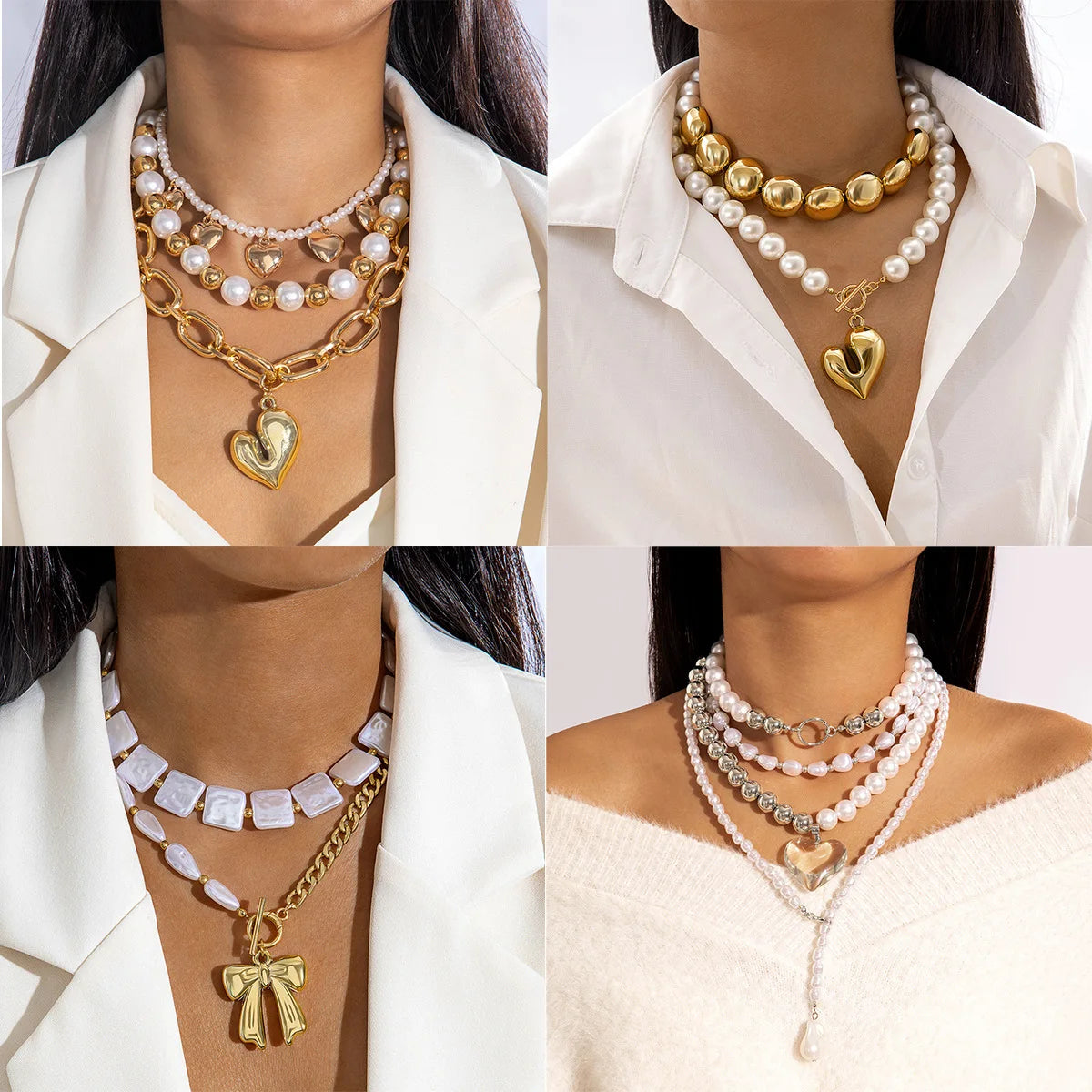 Hot Selling Punk Necklace for Women Gold Plated Beads Heart-Shaped Pendant with Pearl Chains Fashion Jewelry MegaBDM