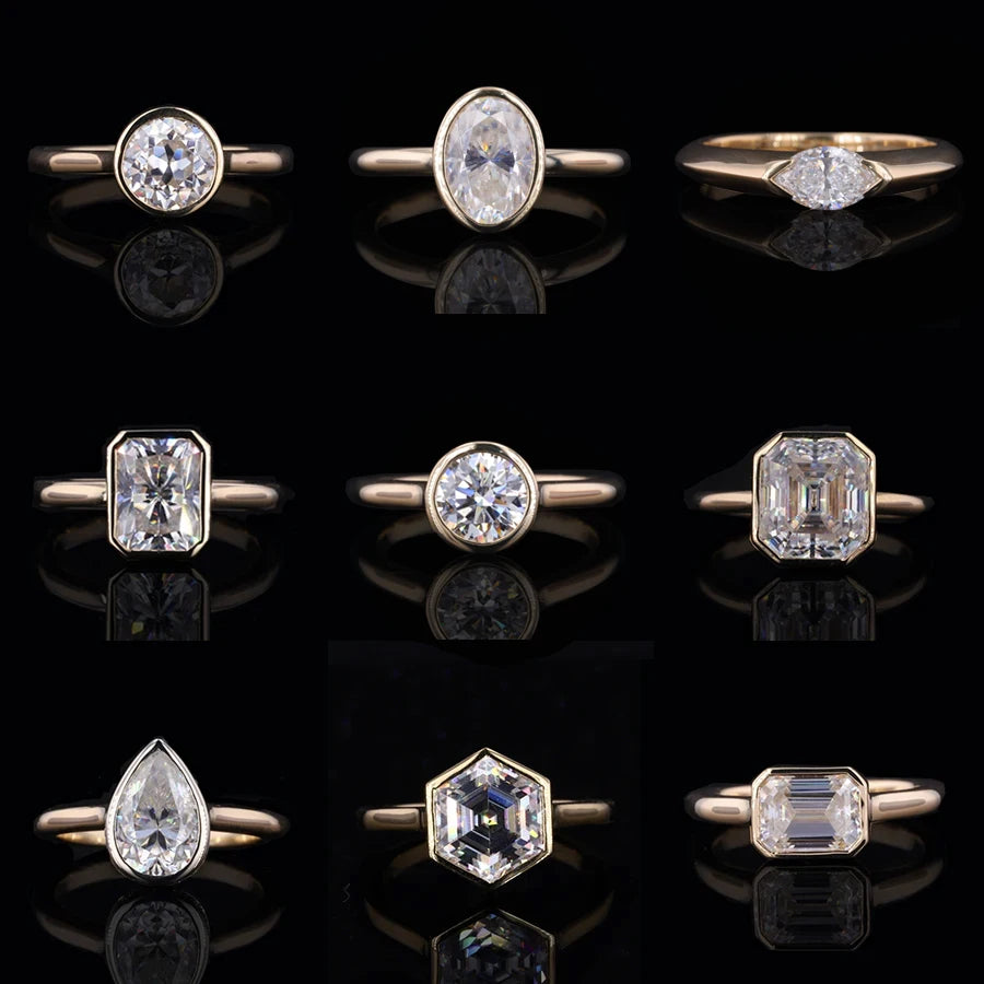 Women Jewelry Bezel Setting 14K Solid Gold 1.0CT Lab Grown Diamond Ring Solitaire Engagement Ring
