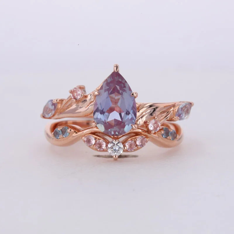 14k Solid Rose Gold 6*9mm Pear Cut Alexandrite Sapphire Tension Setting Ring Sets