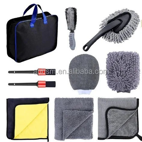 9 Piece Car Detailing Brush Sets Car Wash Kit With Towel Tire Brush Detailing Cleaning Tools MegaBDM