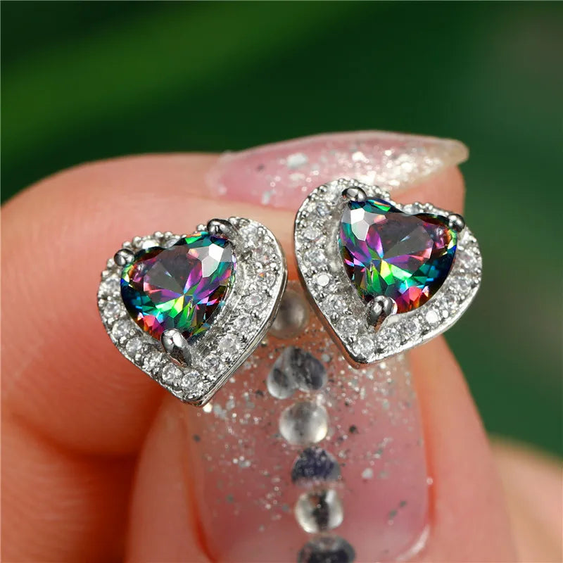 Huitan Wholesale Fever 2021 Lovely Heart Stud Earrings Colorful Zircon Girls Lady Sweet Heart Earrings Women