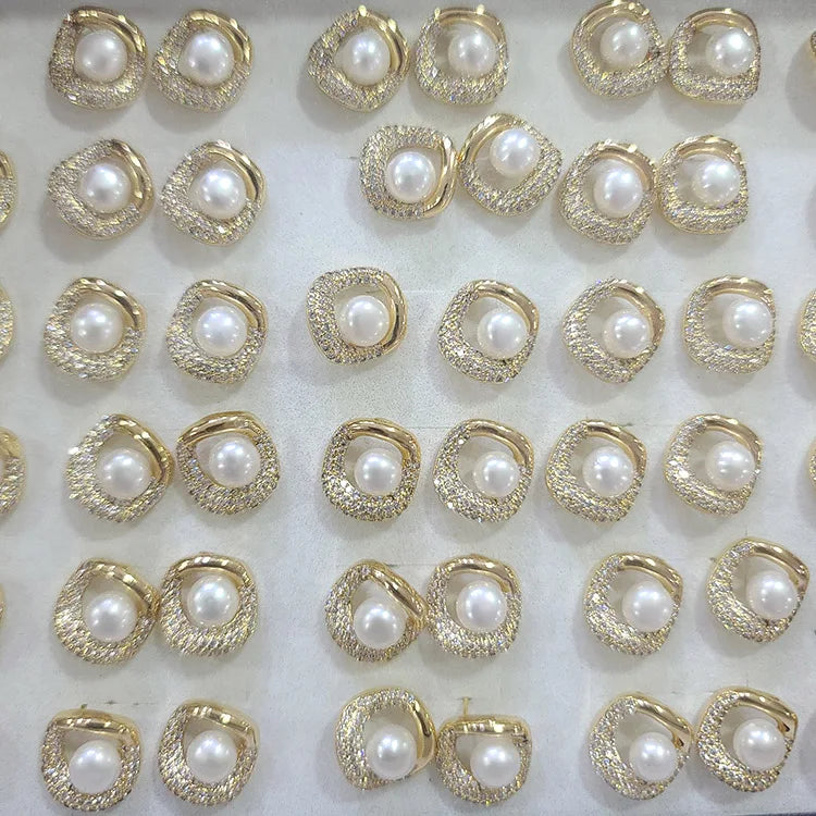 EP1021 Hot Sale Pearl Pave 18k Gold Plated CZ Paved Real Freshwater Pearl Square Stud Earrings for Women Ladies