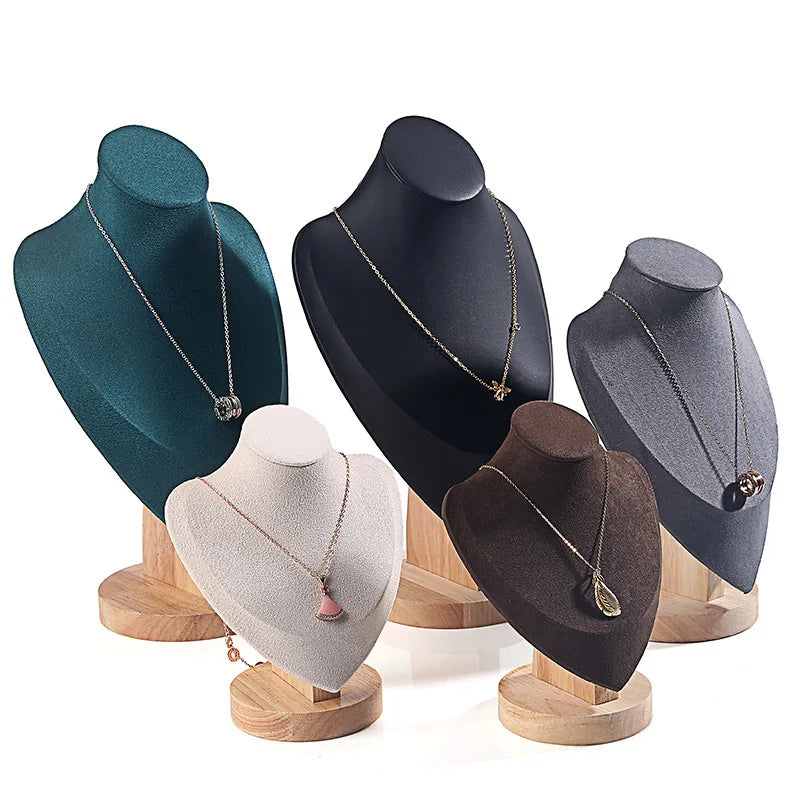 Wholesale Suede Pendant Necklace Display Stand Holder Jewelry Wooden Necklace Bust Black PU Leather Wood Necklace Display Bust