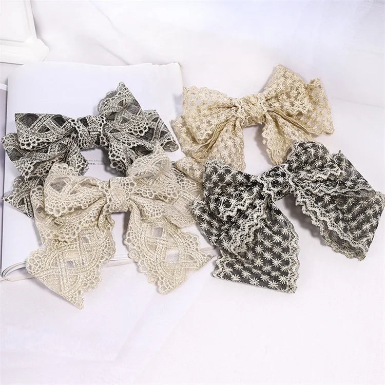 Korean Style Summer Girls Lace Hair Accessories Big Bow Embroidered Flower butterfly Hair Clips for Adult