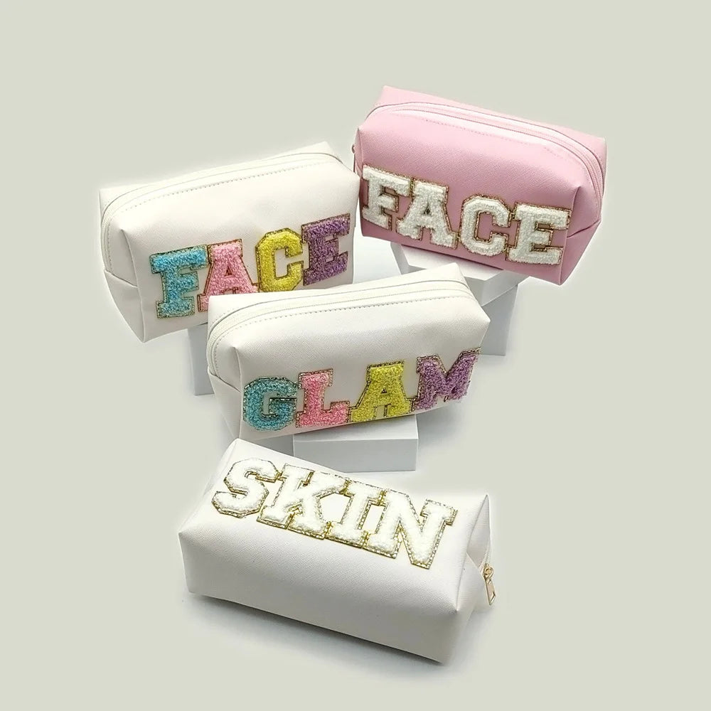 Women's PU Leather Fashion Cosmetic Bags with Embroidery and Zipper Closure Letter Pattern Traveling & Wash Makeup Bag