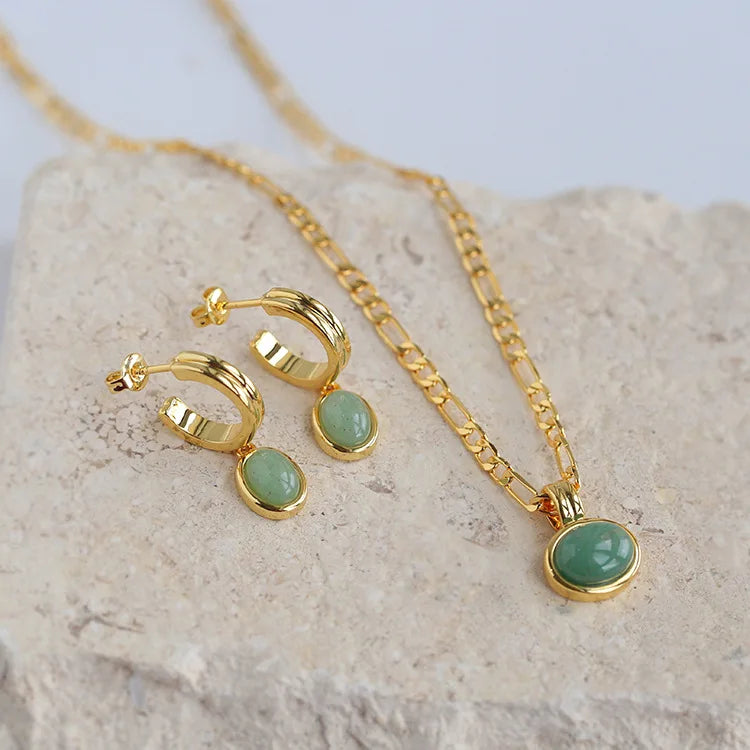 Wholesale Women's Stainless Steel Set Gold Plated Ladies Stacked Natural Turquoise Stone Necklaces Earrings for Girls