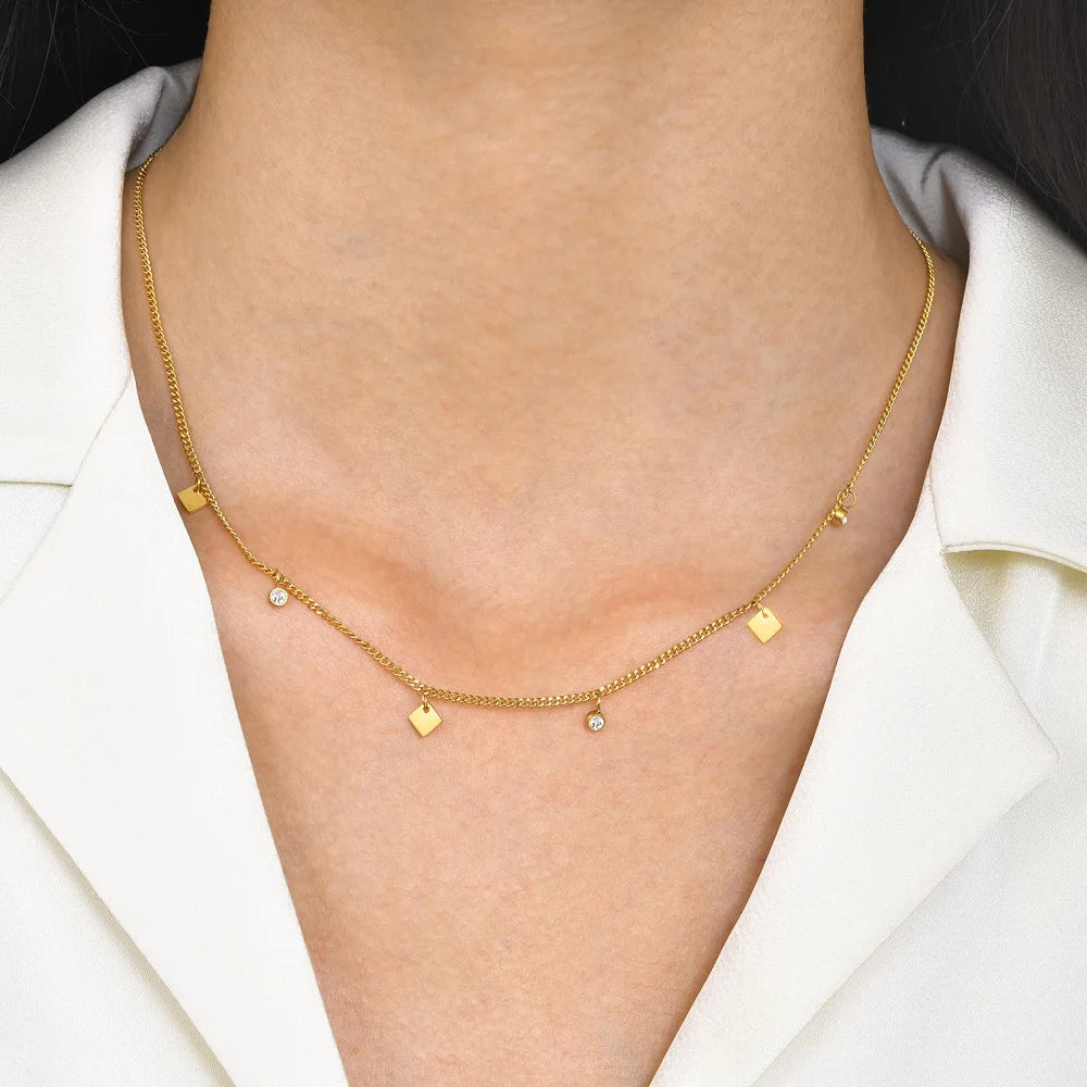 Joolim 18k Gold Plated Square Piece Dainty Zirconia Pendant Necklace Stainless Steel Wholesale Jewelry