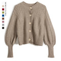 Custom Women Sweater Solid Color V Neck Knitwear Ladies Cable Knit Wool Winter Lantern Sleeves Cardigan Knitted Sweater