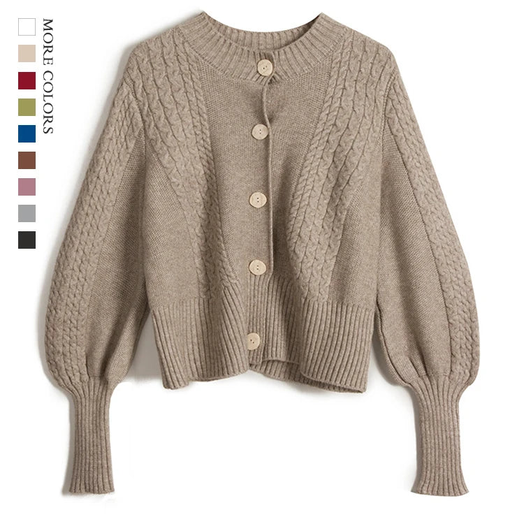 Custom Women Sweater Solid Color V Neck Knitwear Ladies Cable Knit Wool Winter Lantern Sleeves Cardigan Knitted Sweater