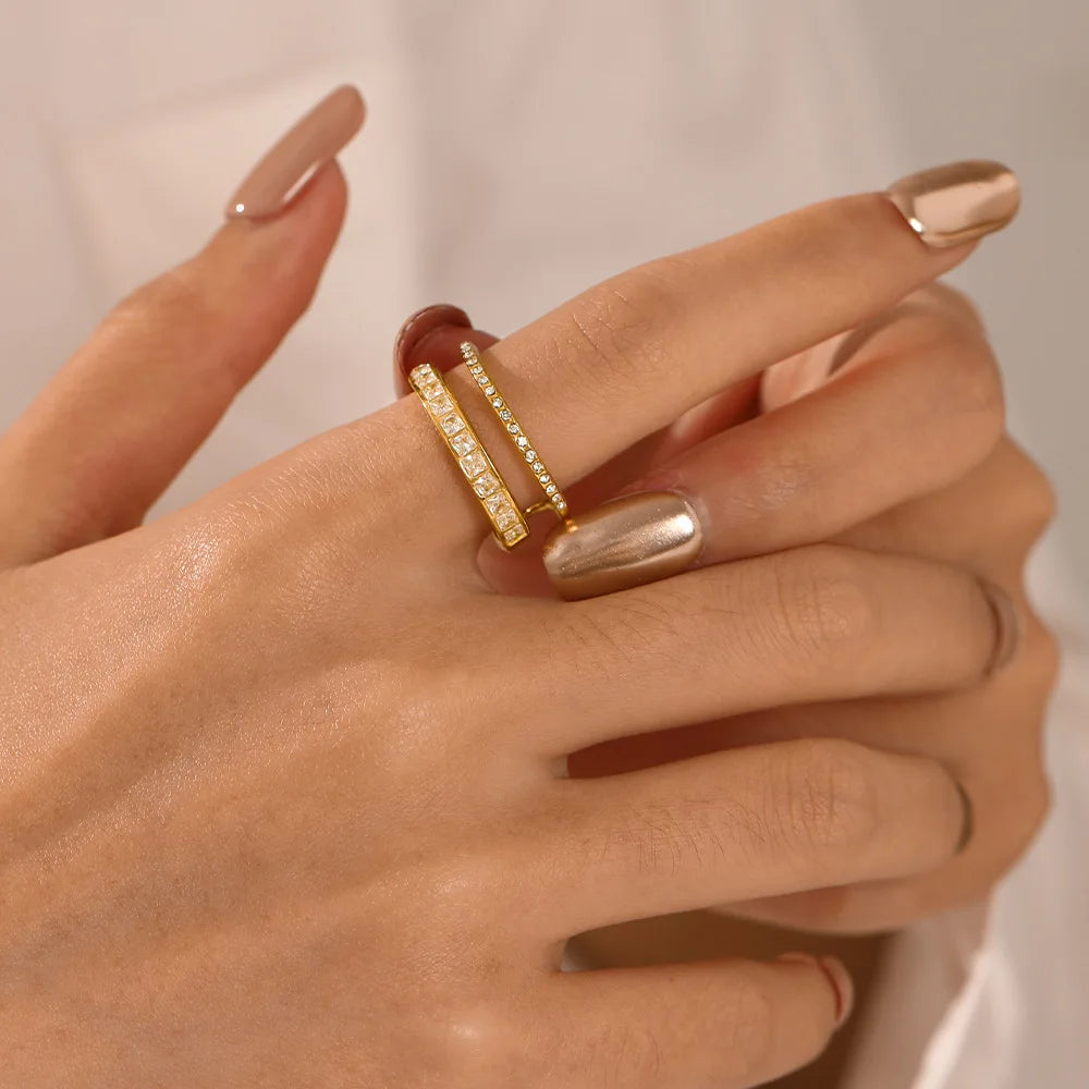 New Design Dainty Gold Plated Adjustable Double Layer Zircon Stainless Steel Open Ring for Girlfriend