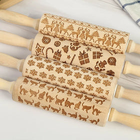 Christmas Wood Engraved Rolling Pin Kitchen Snowflake Christmas Tree Pattern Printing Rolling Pin Cookies Baking Tool