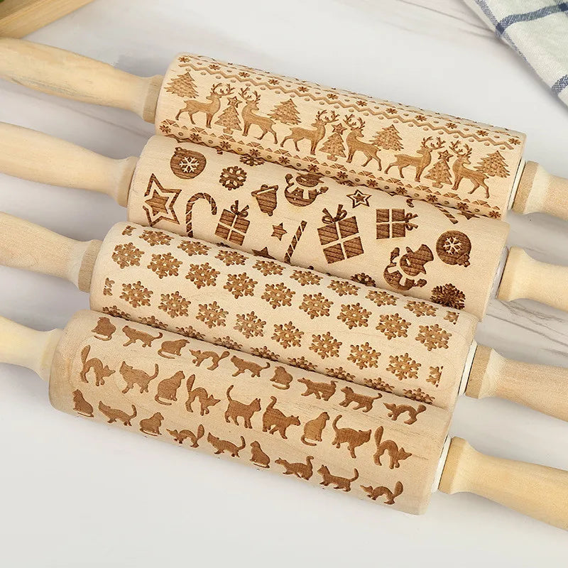 Christmas Wood Engraved Rolling Pin Kitchen Snowflake Christmas Tree Pattern Printing Rolling Pin Cookies Baking Tool