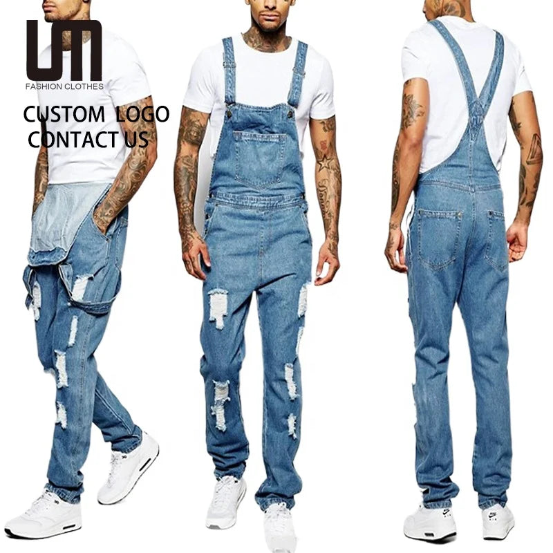 Custom Trending Products Men Distressed Denim Overalls - Holes Pants Washing Jumpsuit with Pockets (High Street Casual Romper)
