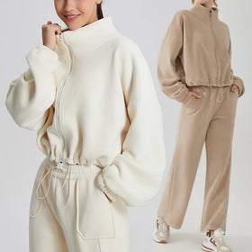 Winter Fleece Jacket and Sweatpants Thick Sports Tracksuits Outdoor Fitness Yoga Wear Women Windproof Running Suits