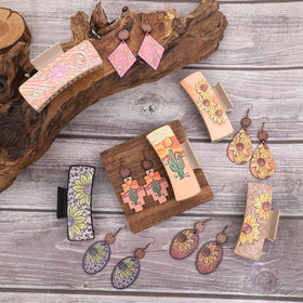 Creative Rainbow Sunflower Cactus Pattern Earrings Hair Clip Retro Western Cowboy Style Pu Leather Oval Earring Set for Women