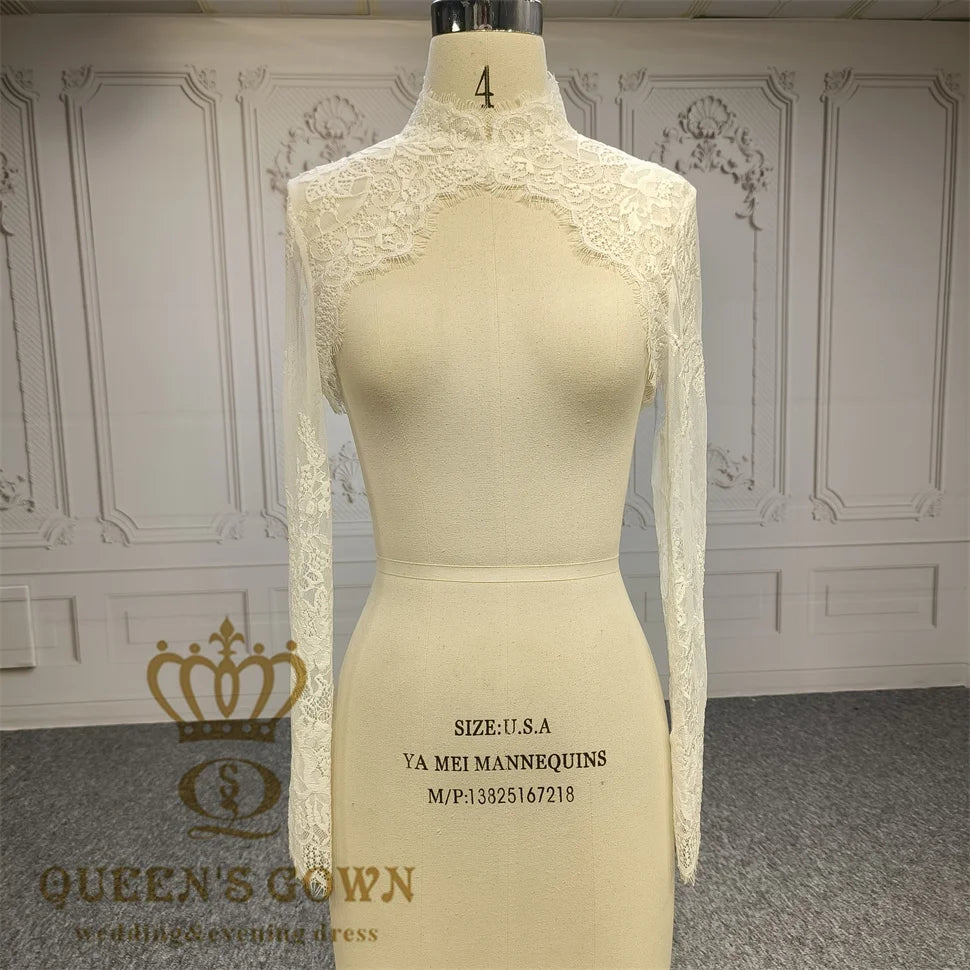 QUEENS GOWN Chantilly Lace Bolero High Neck Top with Long Sleeves Wedding Accessories for Bridal Dresses