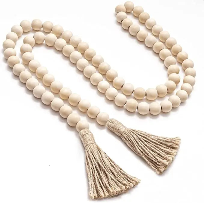 Tailai 58 Inch Natural Unfinished Wood Bead Garland with Tassels Rustic Farmhouse Christmas Wall Hanging Decoration MegaBDM