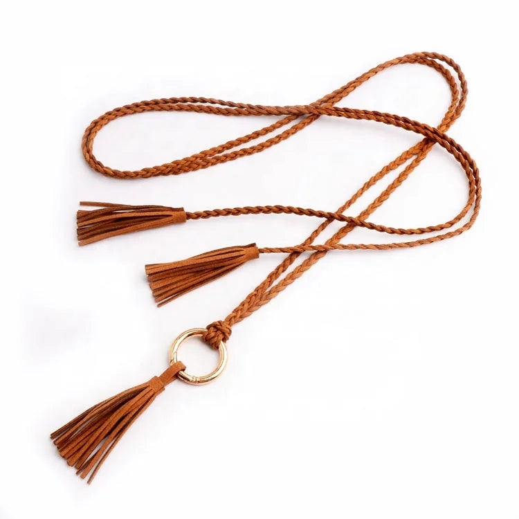 New Ladies Casual Belt Waist Chain Simple Long Tassel Weave with Thin Rope Alloy Buckle