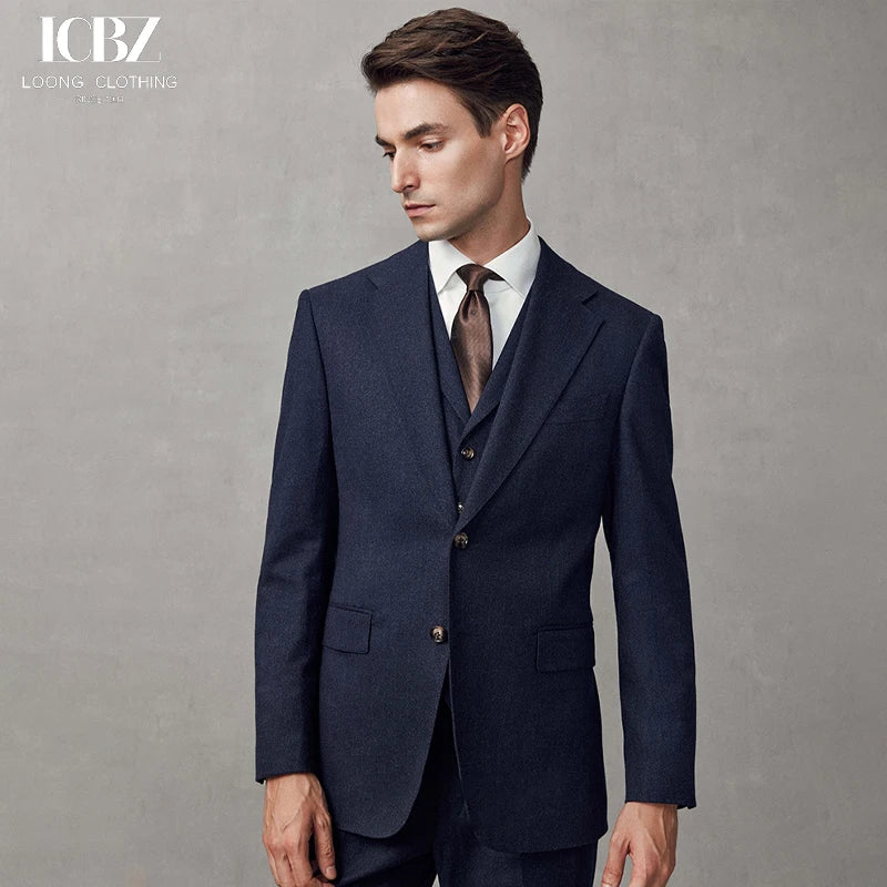 Men's Wedding Groom Suit Dark Blue Breathable Wool/Silk Business Haute Couture Formal Wear High-end Autumn Winter
