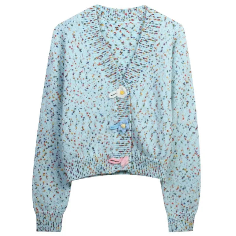 Contrast Color PomPon Yarn Crochet Buttons V Neck Winter Knitted Cardigan Knitwear Women's Sweater
