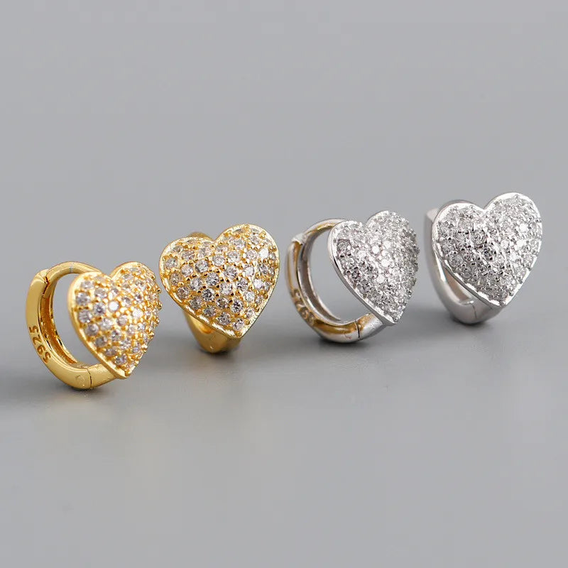 Luxury 18K Gold Plated 925 Sterling Silver Pave Zircon Love Heart Ear Buckle for Women Jewelry