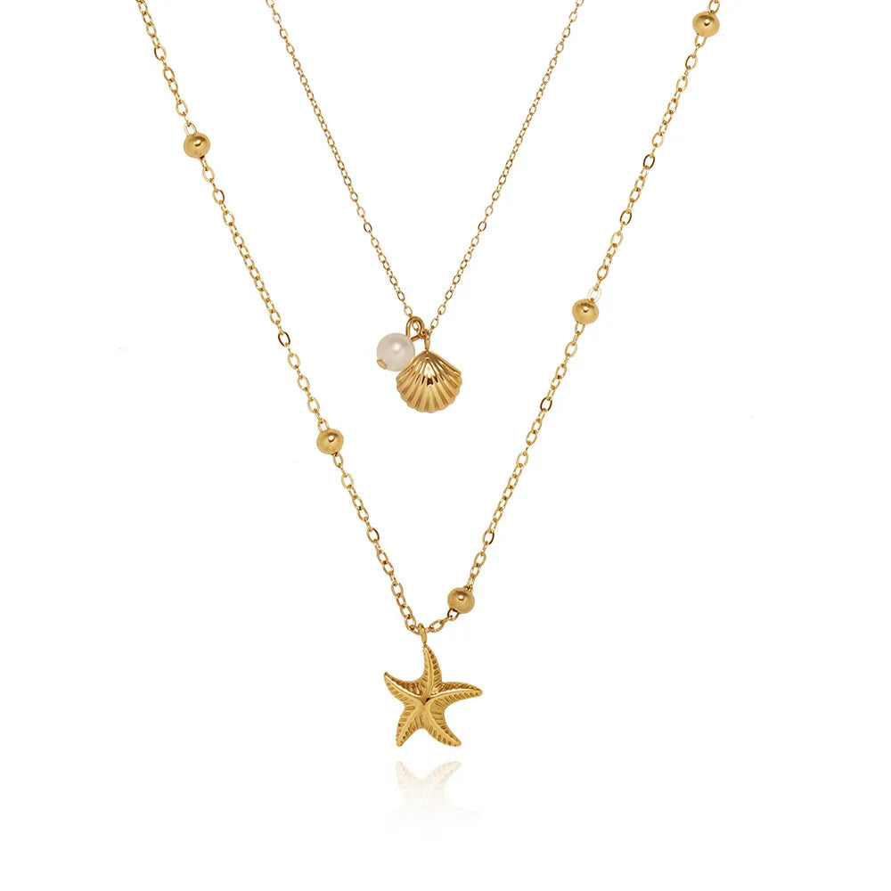 Waterproof Stainless Steel Jewelry Ocean Starfish Shell Charm Double Layered Necklace Gold Beads Chain for Women