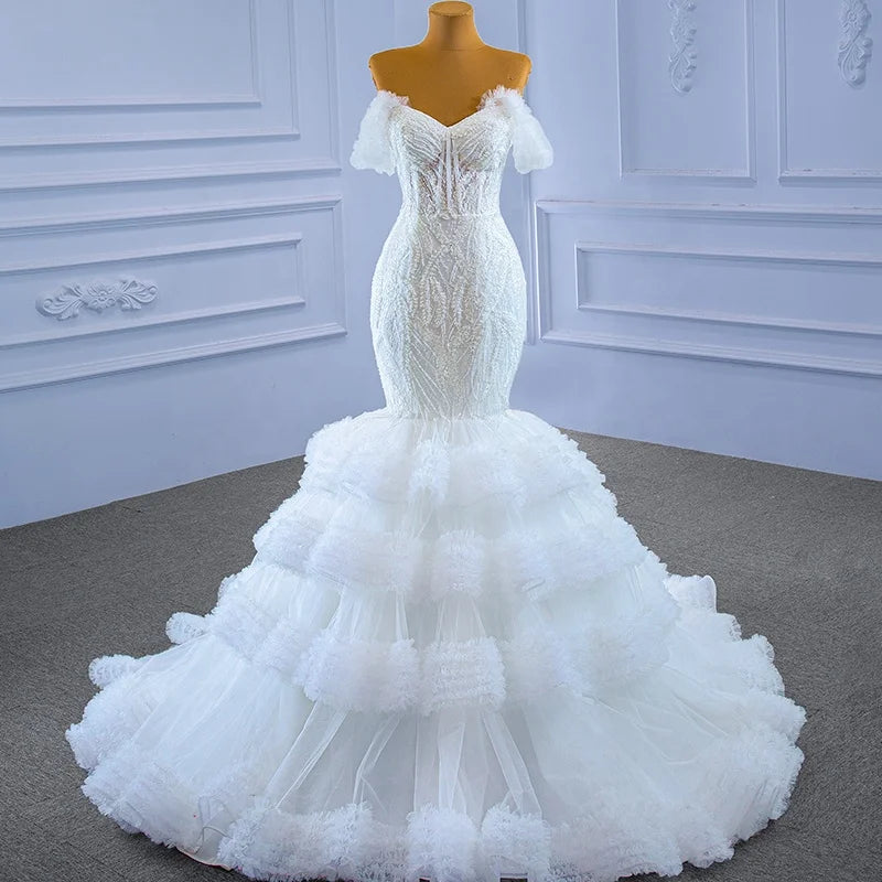 Rsm67347 Lace up Tiered Detachable Sleeve  Sweetheart Mermaid Wedding Dress