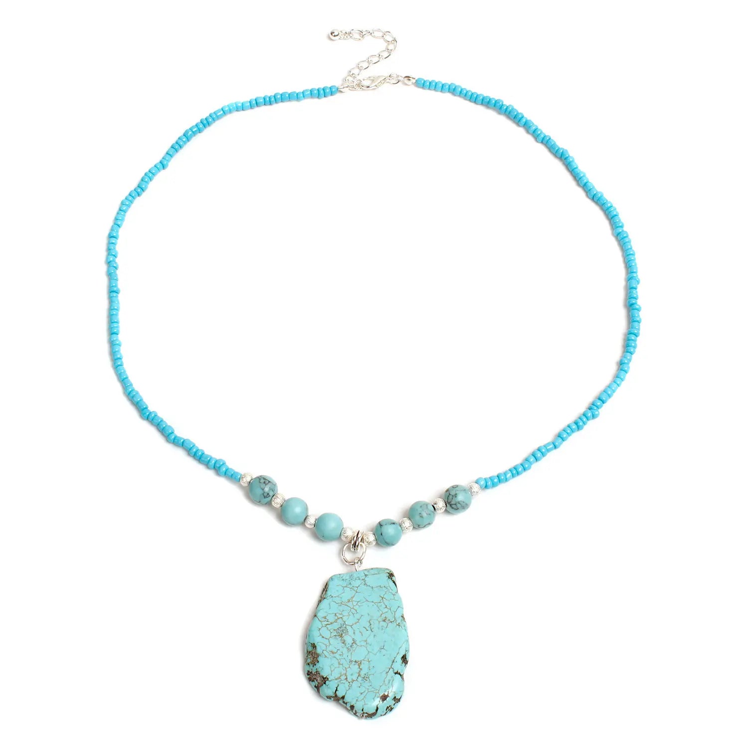 Bohemian Seed Glass Bead Beach Turquoise Pendant Knitting Necklace for Women GMN026