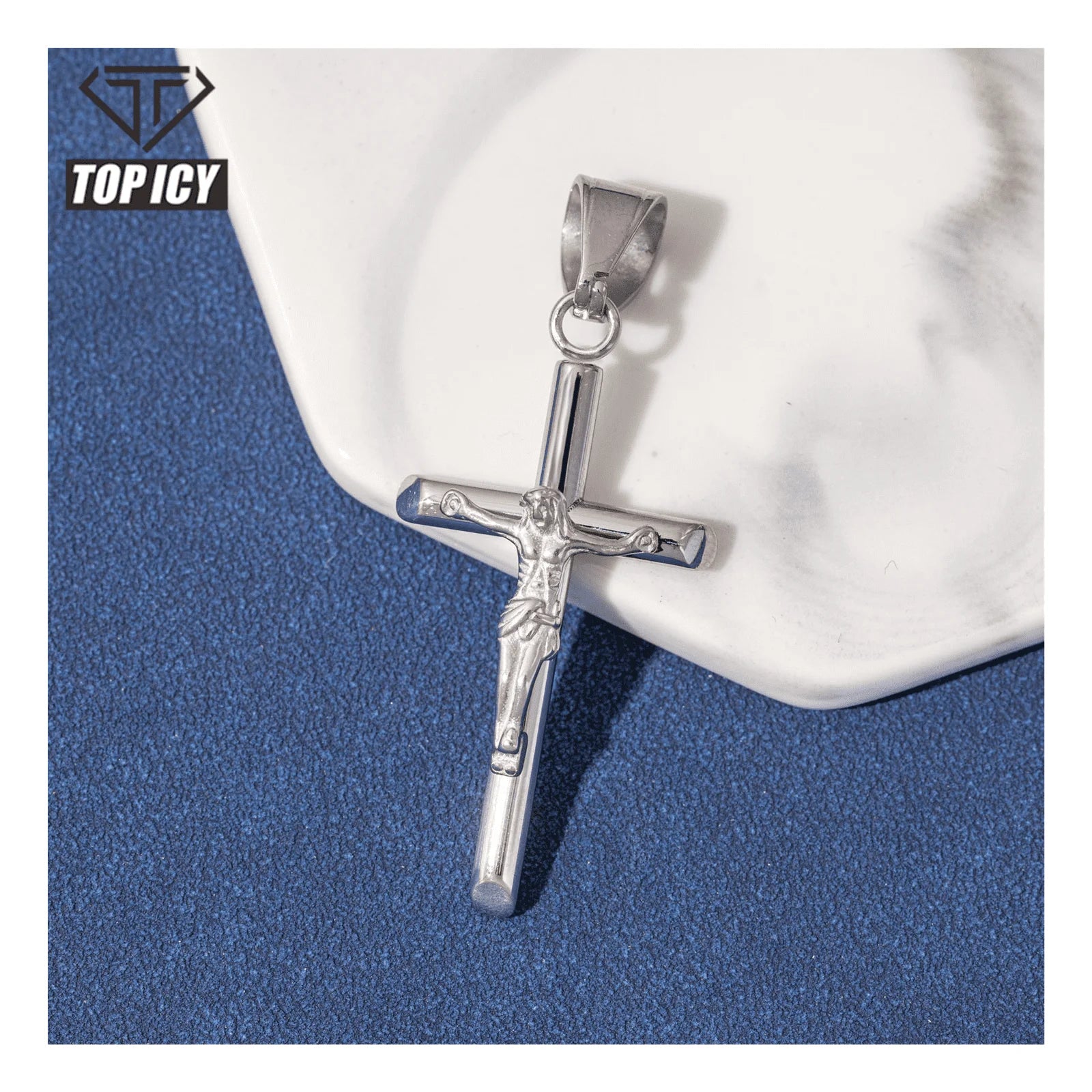Top Icy Tarnish Free Stainless Steel Jesus Cross Pendant Fashion Jewelry Necklaces 18K Gold Plated Christian Jewelry