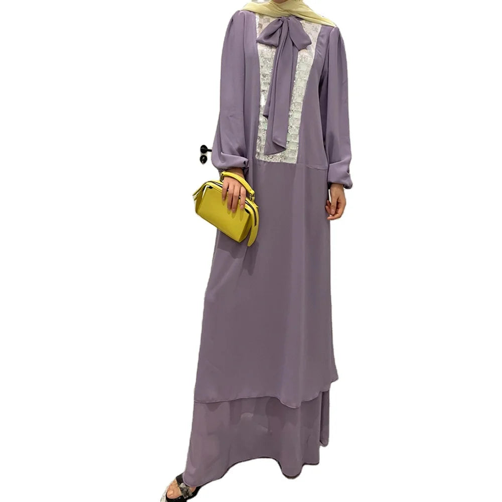 Pure Color Chiffon Neck Big Bow Front Glitter Decoration Full Length Ruffled Skirts Classic Fashion Islam Women Abaya Dresses