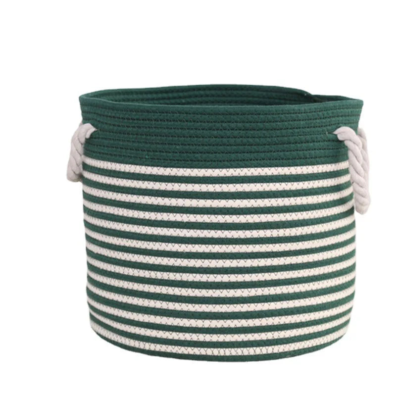 Green Stripe Cotton Thread Hand-Woven Folding Tabletop Fabric Clothing Toy Storage Basket