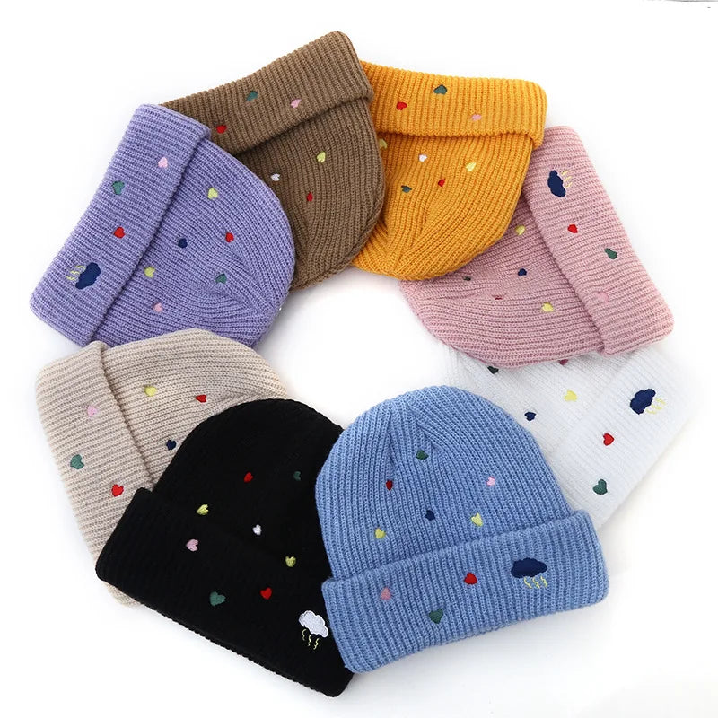 Men Women Autumn and Winter Fashion Love Embroidered Knitted Hat Students High Quality Warm Wide Brim Beanie Knitted Hat