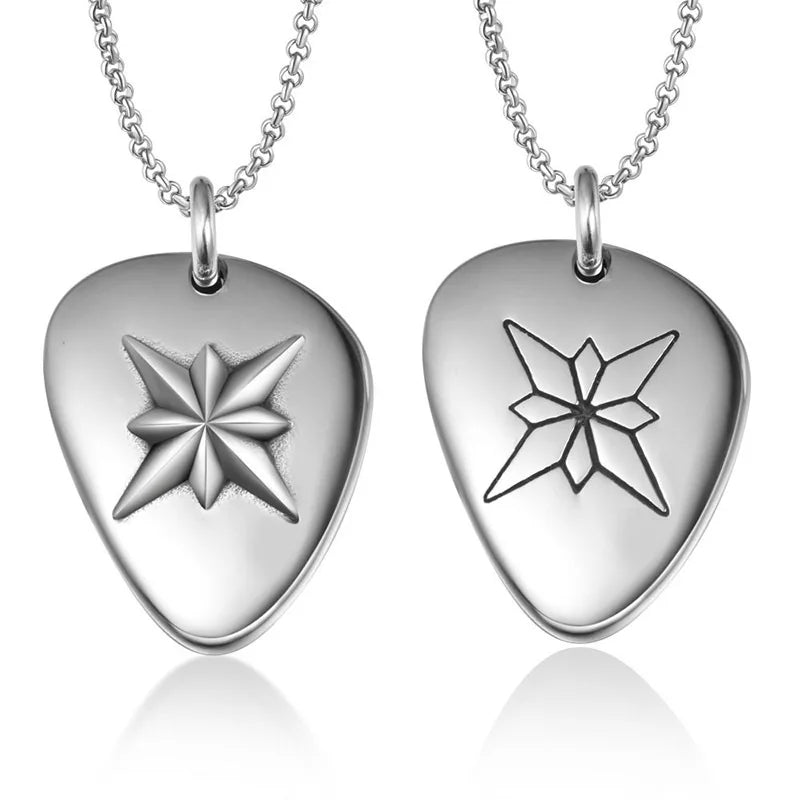 Plectrum Jewelry Stainless Steel Handmade Statement Guitar Pick Pendant with North Star Flower Design