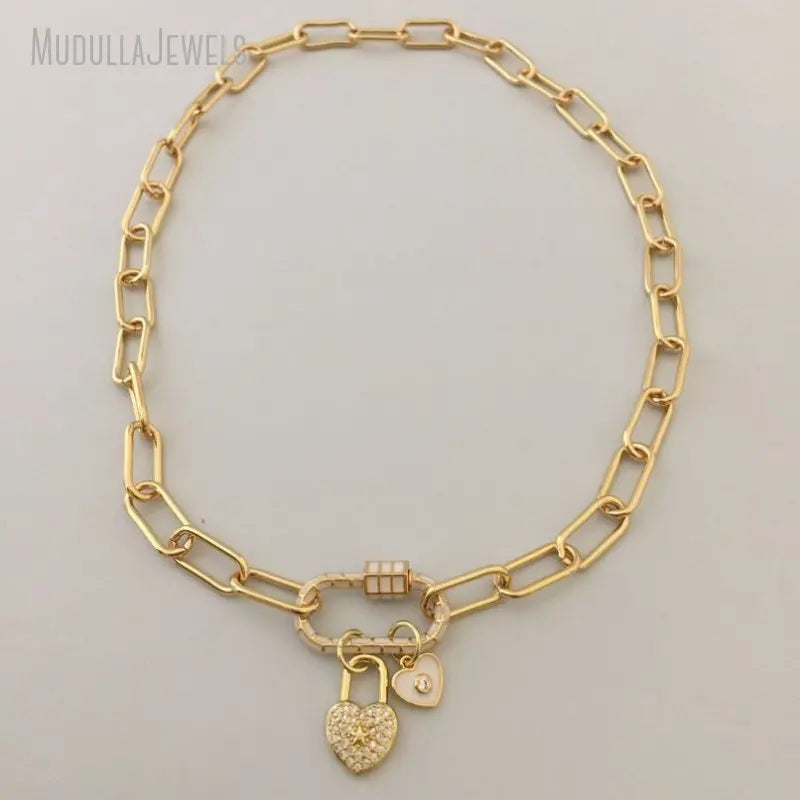NM35109 Brass Jewelry Screw Clasp Paperclip Link Chain Necklace Gold Plated Heart Pendant Lock Pendant Choker Necklace