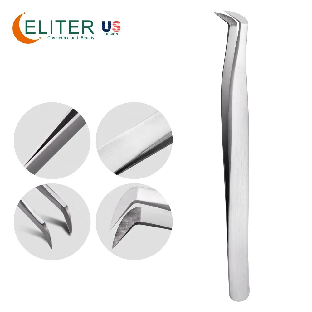 ELITER Wholesale Stainless Steel Eyelash Tweezers Private Label Lash Tweezers Diamond Grip Eyelash Tweezers