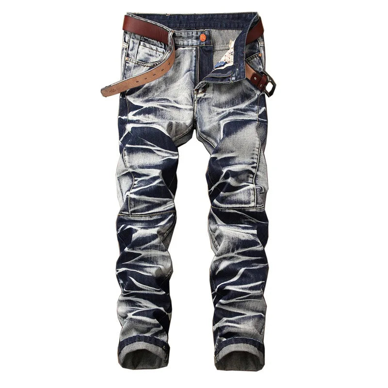 RNSHANGER High Quality Men's Fashion Vintage Jeans Slim Straight Leg Tie Dye Pleated Biker Denim Pants Male Casual Jeans