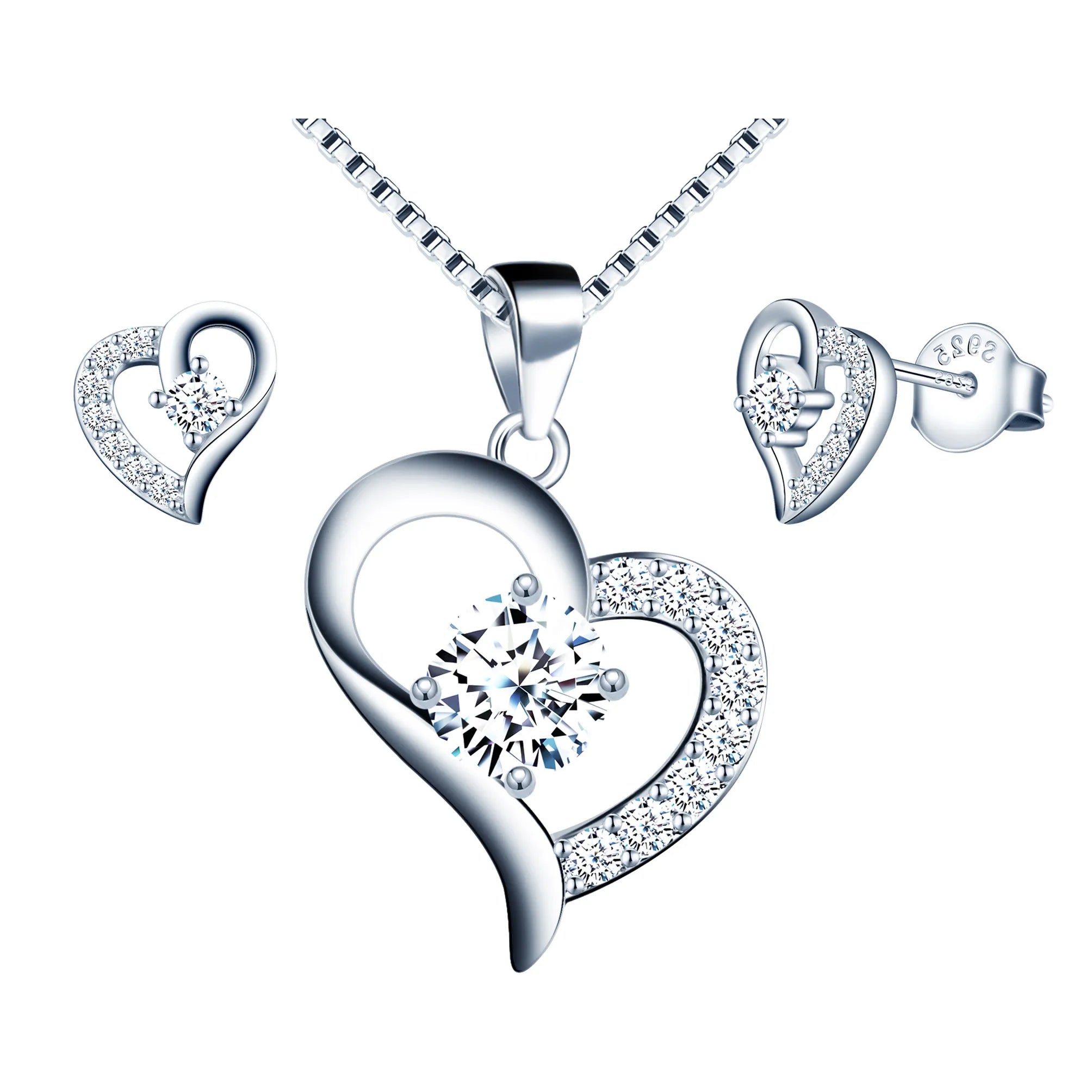925 Sterling Silver Necklace Stud Earrings Zircon Heart Jewelry Set