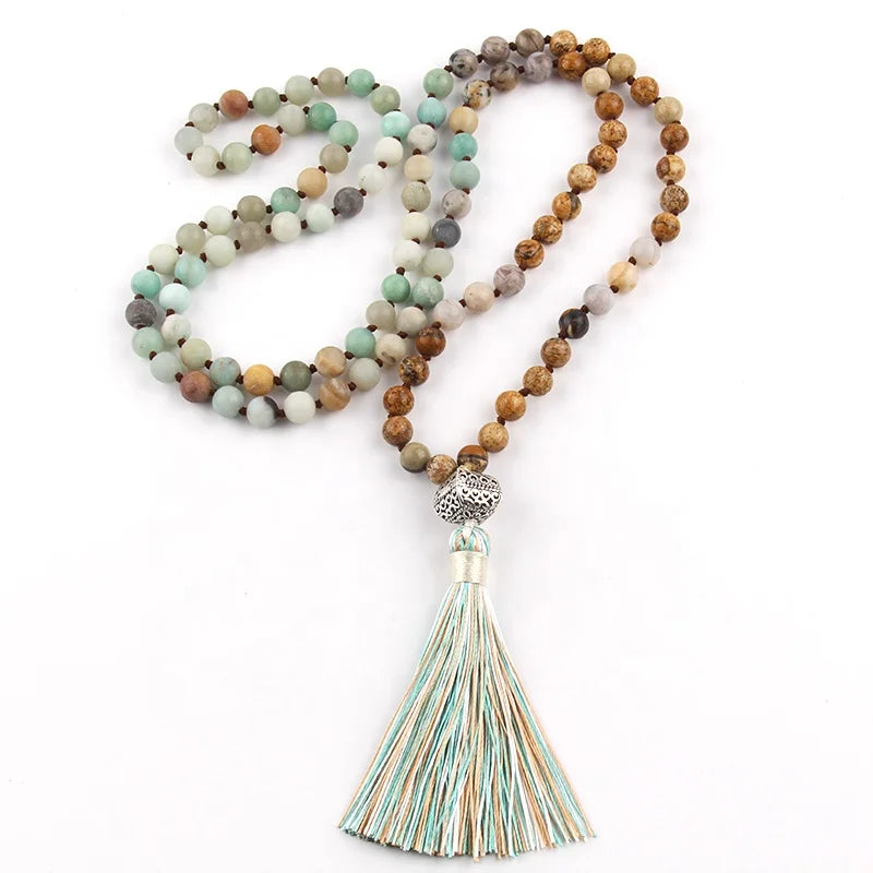Fashion Religious Jewelry Multicolor Natural Stone Knotted Tassel Alloy Pendant 108 Mala Beads Necklaces for Women Gift