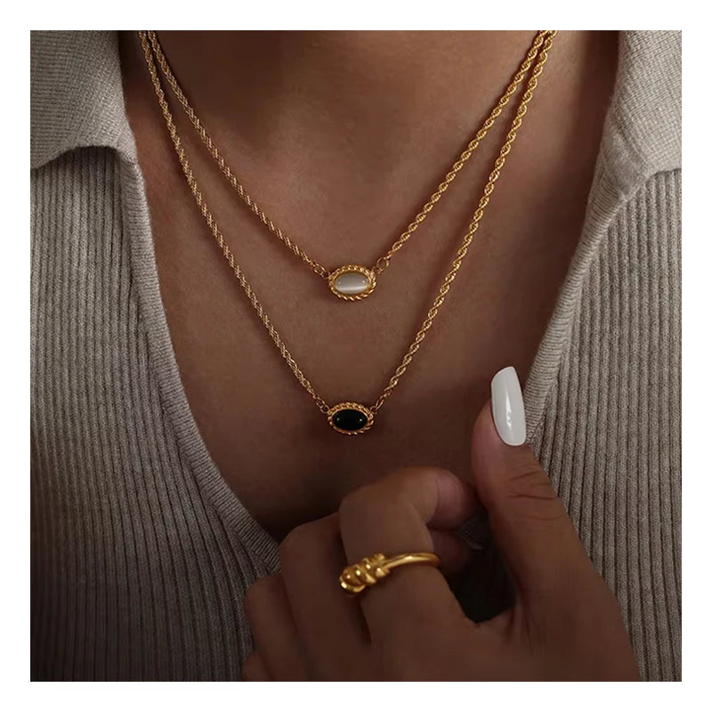 New INS Cat Eye Stone Pendant Double Layer Twisted Rope Chain Necklace Womans Stainless Steel Choker