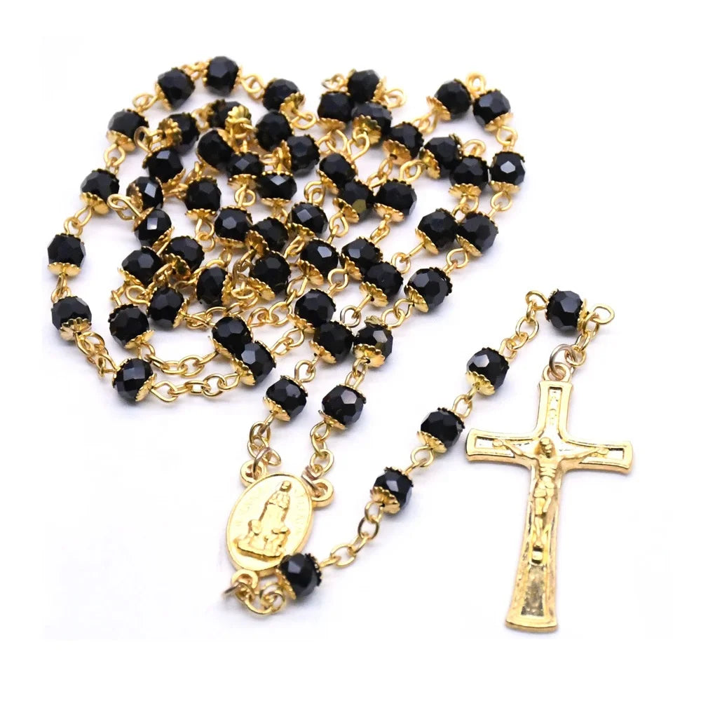 New Design Fashion 6mm Black Crystal Gold Rosary Necklace Cross Sweater Chain