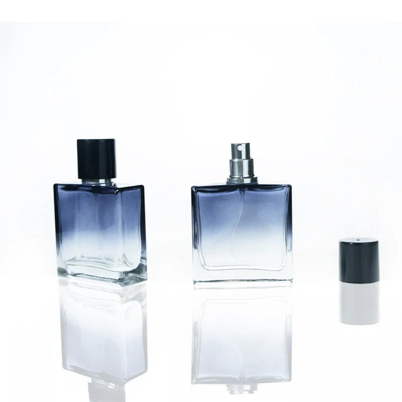 High Grade square Blue Gradient Luxury Perfume Bottle 30ml 50ml Cosmetic Refillable Glass Perfume Spray Bottle