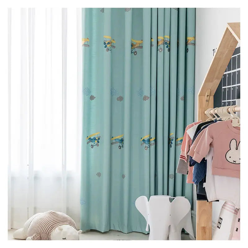 Innermor Children's Curtain 100% Polyester Faux Linen Airplane Cloud Embroidered Customized Blackout Grommet Living Room Home