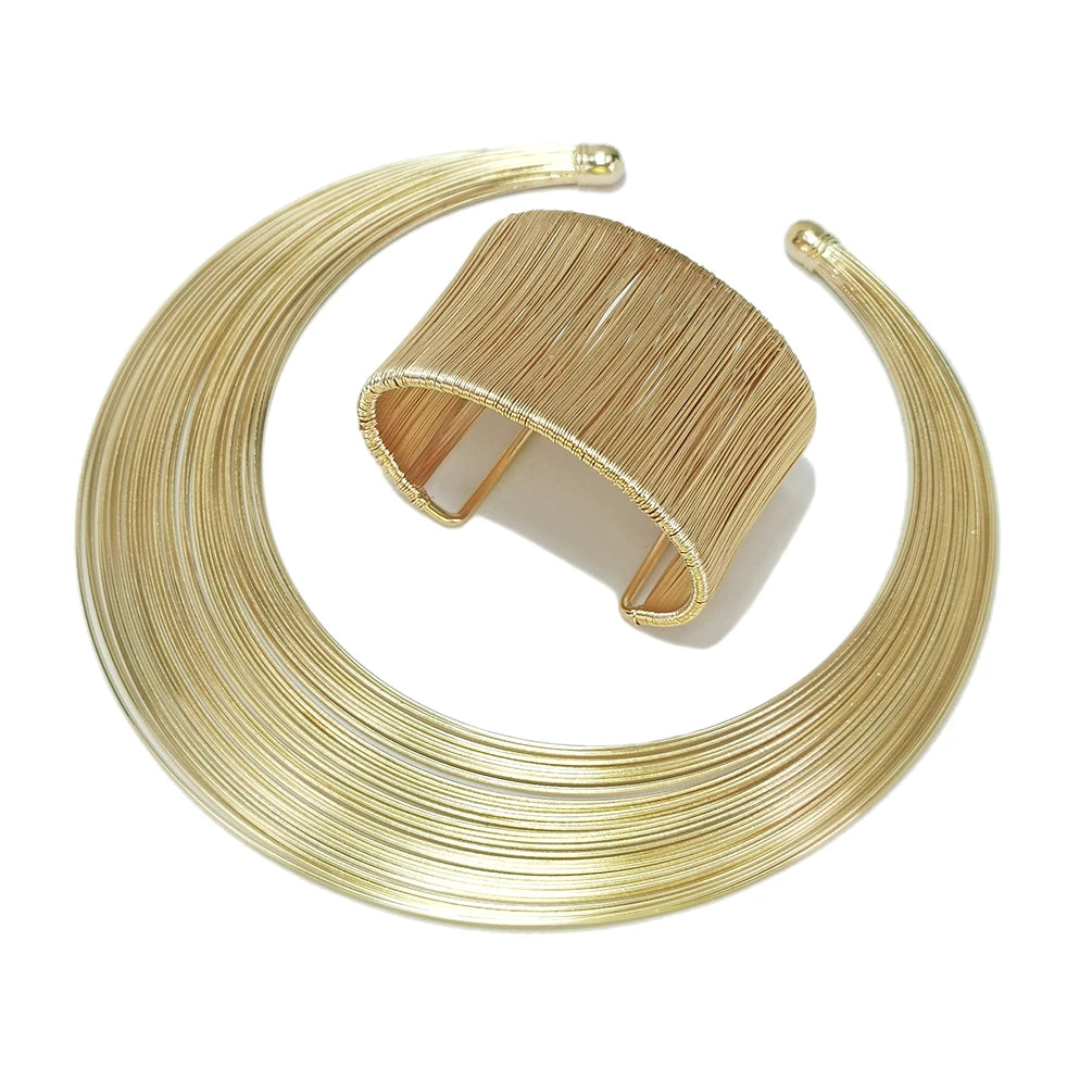 Fashion Multi-Layered Gold Metal Wire Torques Choker Necklaces Bracelet Set Women Indian Jewelry Bridal Gift Party Accessory
