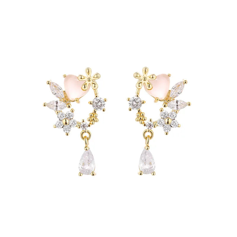 Korean Romantic 925 Sterling Silver Spring Cluster Butterfly Heart Flower Earrings Zircon Gemstone Gold for Weddings Gifts