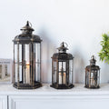Set of Three Black Gold Brush Candle Lantern Vintage Hanging Lantern Outdoor Moroccan Iron Lantern for Home and Garden Decor